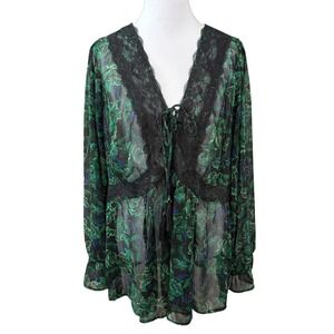 Torrid Sheer Babydoll Top 1X Green Black Chiffon Whimsigoth Witchy Forest Fairy